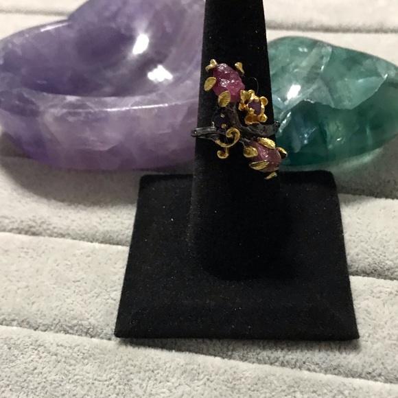 New OOAK Sterling Silver Rhodium Plated Pink Ruby Floral Leaf Ring Size 7.75 - Picture 8 of 14